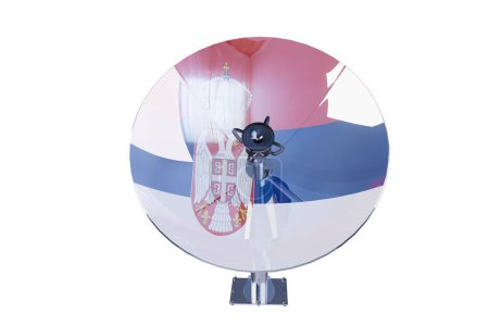 Satellite dish with Serbian coat of arms design, highlighting national identity.