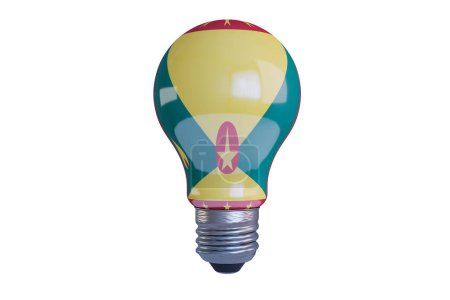 LED-Glühbirne mit Grenadas Flagge und Muskatnusssymbol, die grüne Energie und Kultur hervorhebt