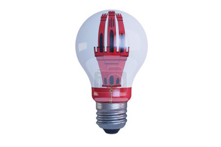 LED light bulb merges energy-saving technology with Gibraltar's castle and key symbol, blending history with modernity.