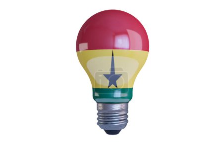 Eine bunte LED-Glühbirne mit Ghanas ikonischem Stern und Streifen, die Energieeffizienz mit nationaler Symbolik verbindet.