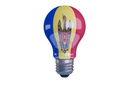 Illuminated light bulb with Moldova's traditional coat of arms on a vibrant tricolor background.