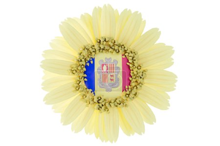 A vibrant yellow daisy representing Andorra, with the detailed coat of arms at its heart