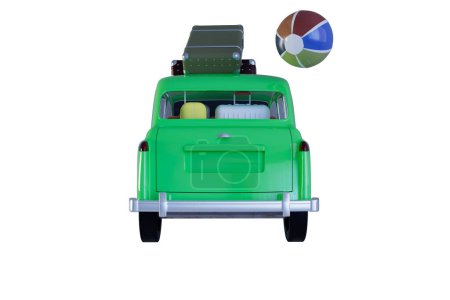 Vista trasera de un coche verde clásico cargado de equipaje y una pelota de playa que representa el ocio y los viajes.