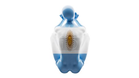Sculptural depiction of a figure covered by Argentina's national flag, isolated on black.