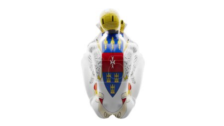 A figure is dramatically cloaked with a detailed coat of arms, evoking a sense of regal heritage.