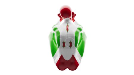 Vivid representation of a figure covered in Burundi's national flag, featuring three stars, on a black void.