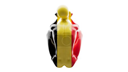 Stylized figure draped in the black, yellow, and red of Belgium's flag in shadow.