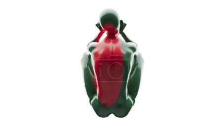 Sculpture-like figure immersed in the green and red hues of the Bangladesh flag, with a black void.