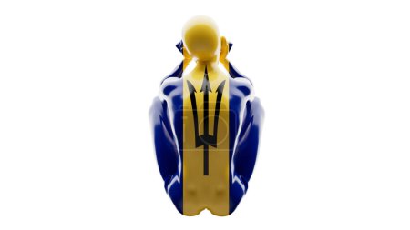 Figure covered in Barbados' flag colors and trident emblem, contrasted on a black background.