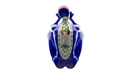 Dynamic sculpture wrapped in Belize's flag, showcasing intricate coat of arms with symbolic motifs.