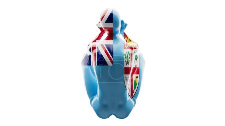 Eine rätselhafte Figur, die eine Verschmelzung von Elementen der Flagge Großbritanniens und Fidschis vor schwarzem Hintergrund zeigt.