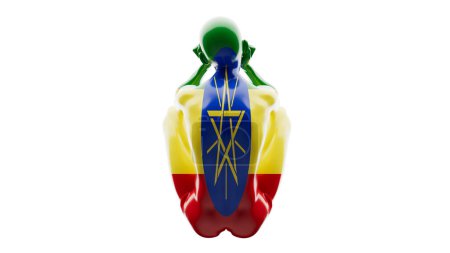 La silueta de un maniquí irradia con los colores audaces y el emblema estelar de la bandera etíope, colocados contra una escena negra.