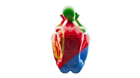 Markante Darstellung einer Figur in den eritreischen Flaggenfarben mit dem Olivenzweig-Emblem vor einer schwarzen Leere.