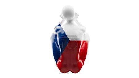 Elegante Darstellung einer statuenartigen Figur, drapiert in den Farben der tschechischen Flagge, vor dunklem Hintergrund.