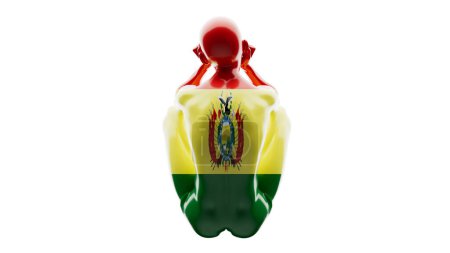 Une silhouette de mannequin brillant arborant le drapeau et les armoiries de la Bolivie sur un fond opaque.