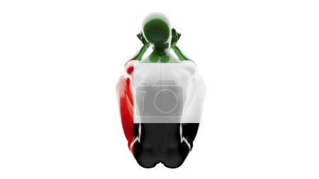 A glossy figure shrouded in the UAE flag's striking red, green, white, and black hues, in darkness.