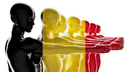 Reproduction artistique de silhouettes humaines imprégnées des couleurs du drapeau belge.