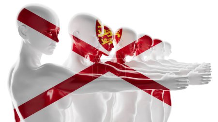 Diagonal Band of Silhouetted Figures Merging with Jersey Flag Colors and Details