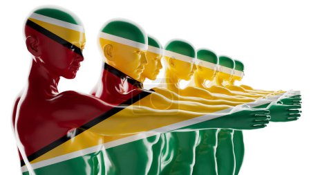 Artistic depiction of human outlines with the vibrant Guyana flag's colors, standing against darkness.