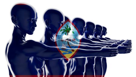 Artistic sequence of human outlines with a translucent overlay of Guam's flag.