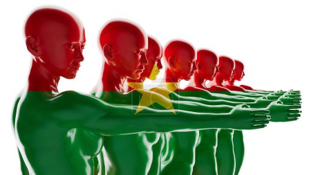 Digital artwork of aligned figures with the Burkina Faso flag's colors superimposed.
