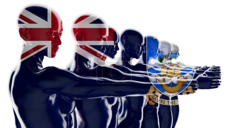 Artistic digital depiction of humans transitioning from the UK to the British Virgin Islands flag