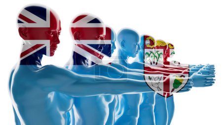 Digital art of figures evolving from UK flag into Bermuda flag, merging identity and heritage