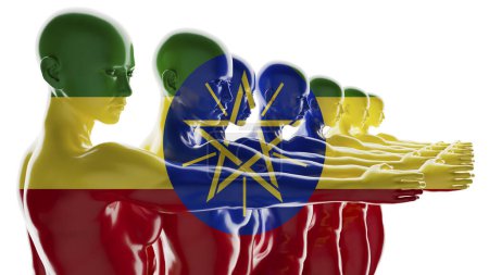 Figuras vívidas alineadas integrándose con los colores y el emblema de la bandera etíope, metáfora visual de la unidad