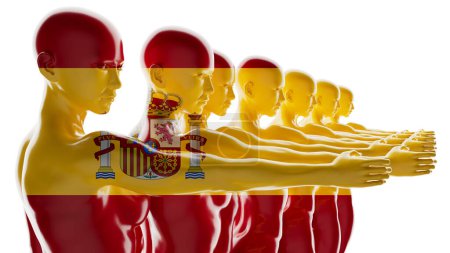 Eine Reihe menschlicher Figuren, die sich in die spanische Flagge verwandeln und kulturellen Stolz im Stil moderner Kunst präsentieren