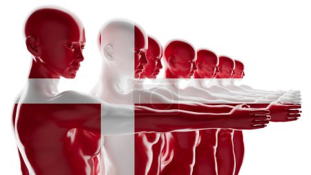 Graphic of multiple red and white figures with a transparent Danish flag draped over them, symbolizing unity and national identity