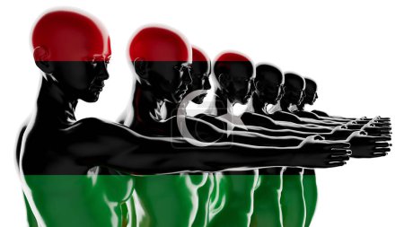 Silhouetted figures in a row with Libya's flag overlay, symbolizing unity and national identity