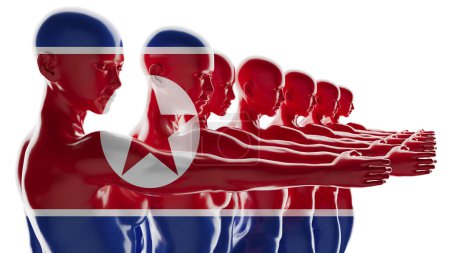 Menschliche Figuren, die sich mit der nordkoreanischen Flagge wandeln, symbolisieren die Entwicklung