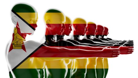 Figuras humanas adornadas con la vibrante bandera de Zimbabue, que simbolizan la unidad nacional y el orgullo.