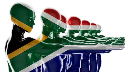 A chain of silhouetted figures adorned with the vibrant South African flag colors, symbolizing unity.