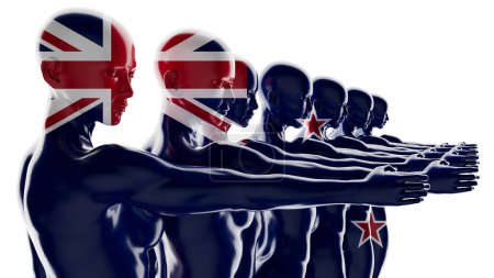 Line of figures with New Zealand flag design, symbolizing collective spirit