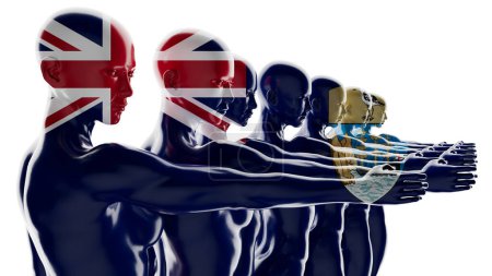 Menschliche Formen verschmelzen mit dem Union Jack und dem komplizierten Wappen Südgeorgiens und der South Sandwich Islands
