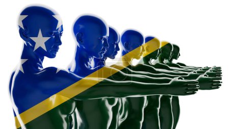 A lineup of figures merging into the blue, green, and yellow of the Solomon Islands flag, symbolizing unity