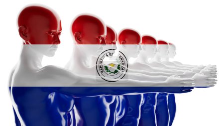 A lineup of figures transitioning into the Paraguayan flag, depicting national unity and identity