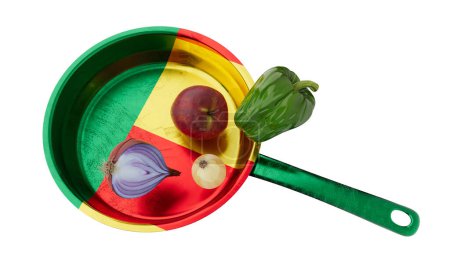 Pan reflecting Benin's flag, arranged with fresh ingredients for a flavorful meal
