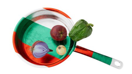 A culinary setting featuring Madagascar's flag on a pan with a selection of fresh vegetables