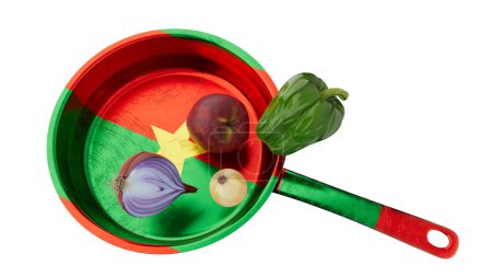 Cooking pan with Burkina Faso flag design and fresh ingredients for a traditional meal.