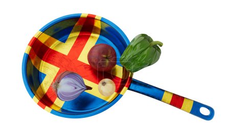 Kochpfanne im Flaggendesign der Aland Islands mit einer Auswahl an frischen Zutaten