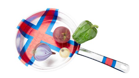 Showcasing the Faroe Islands' flag, this pan with natural vegetables against a black background symbolizes culinary tradition and national pride