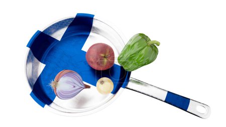 El arte culinario se encuentra con el orgullo nacional con la bandera de Escocia en una sartén, junto con verduras saludables, sobre un vacío negro.