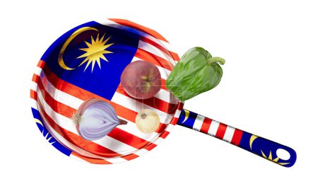 Foto de Un atractivo festín visual que combina verduras frescas con una sartén que representa el llamativo azul, blanco, rojo y amarillo de la bandera de Malasia, junto con la media luna y la estrella. - Imagen libre de derechos