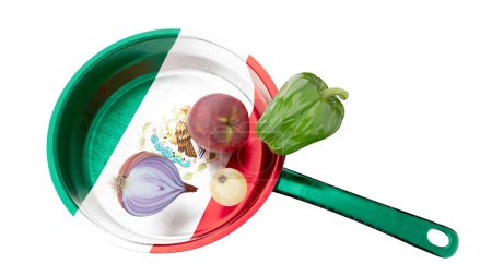 Eine kreative kulinarische Darbietung frischer Produkte auf einer Pfanne, die mit dem ikonischen Grün, Weiß und Rot der mexikanischen Flagge geschmückt ist, komplett mit dem nationalen Emblem.