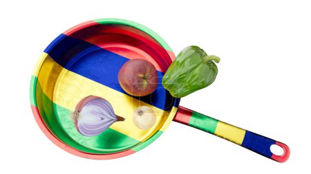 Cette image combine habilement le culinaire et le national, en présentant des légumes frais sur une casserole qui reflète le drapeau vibrant de la République centrafricaine.