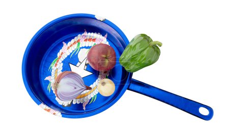 Celebrating Micronesia's heritage, this image showcases fresh vegetables on a skillet featuring the deep blue and vibrant cultural symbols of the Federated States of Micronesia's flag