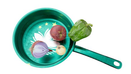 Esta imagen culinaria animada presenta verduras frescas en una sartén adornada con los tonos acuáticos, verdes y amarillos de la bandera de Macao..