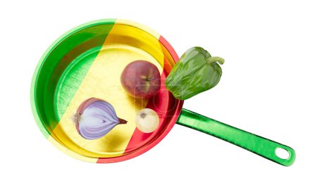 Fresh, colorful vegetables artfully arranged on a pan, highlighting the green, yellow, and red stripes of Benin's national flag.